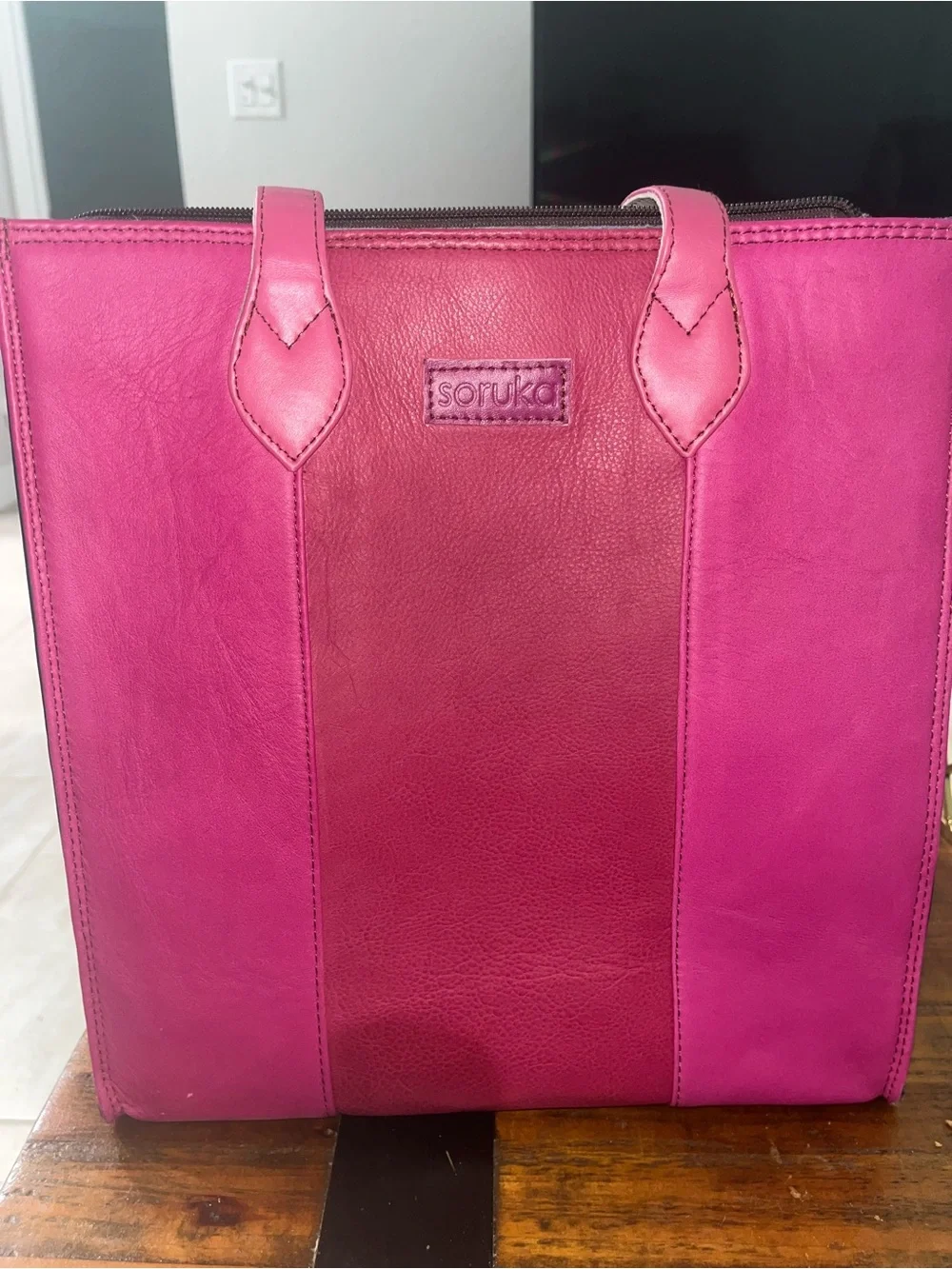 Soruka Blue Leather Tote with Leopard Accent Panel